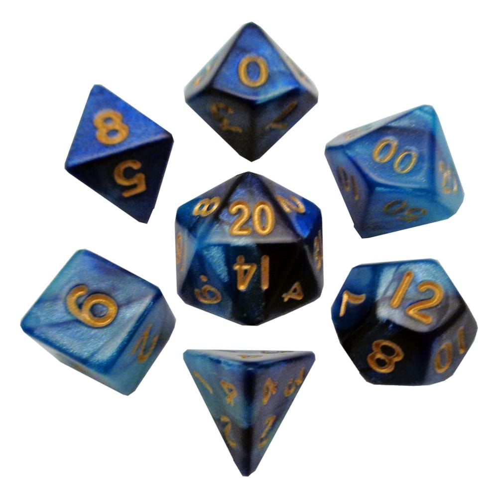 FanRoll Mini Würfel Set Blue/Light Blue with Gold Numbers (7) Image